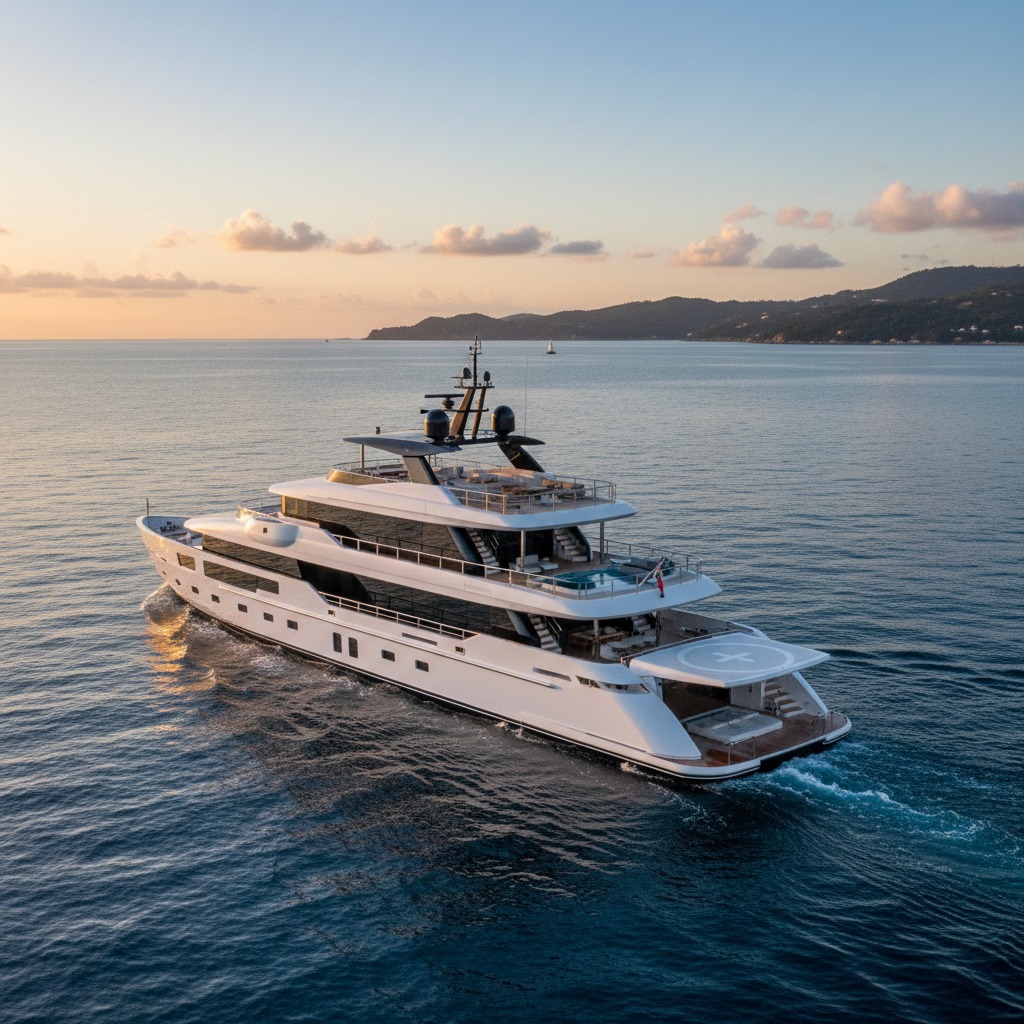 A large white luxury yacht navigates calm ocean waters at sunset with distant hills on the horizon.