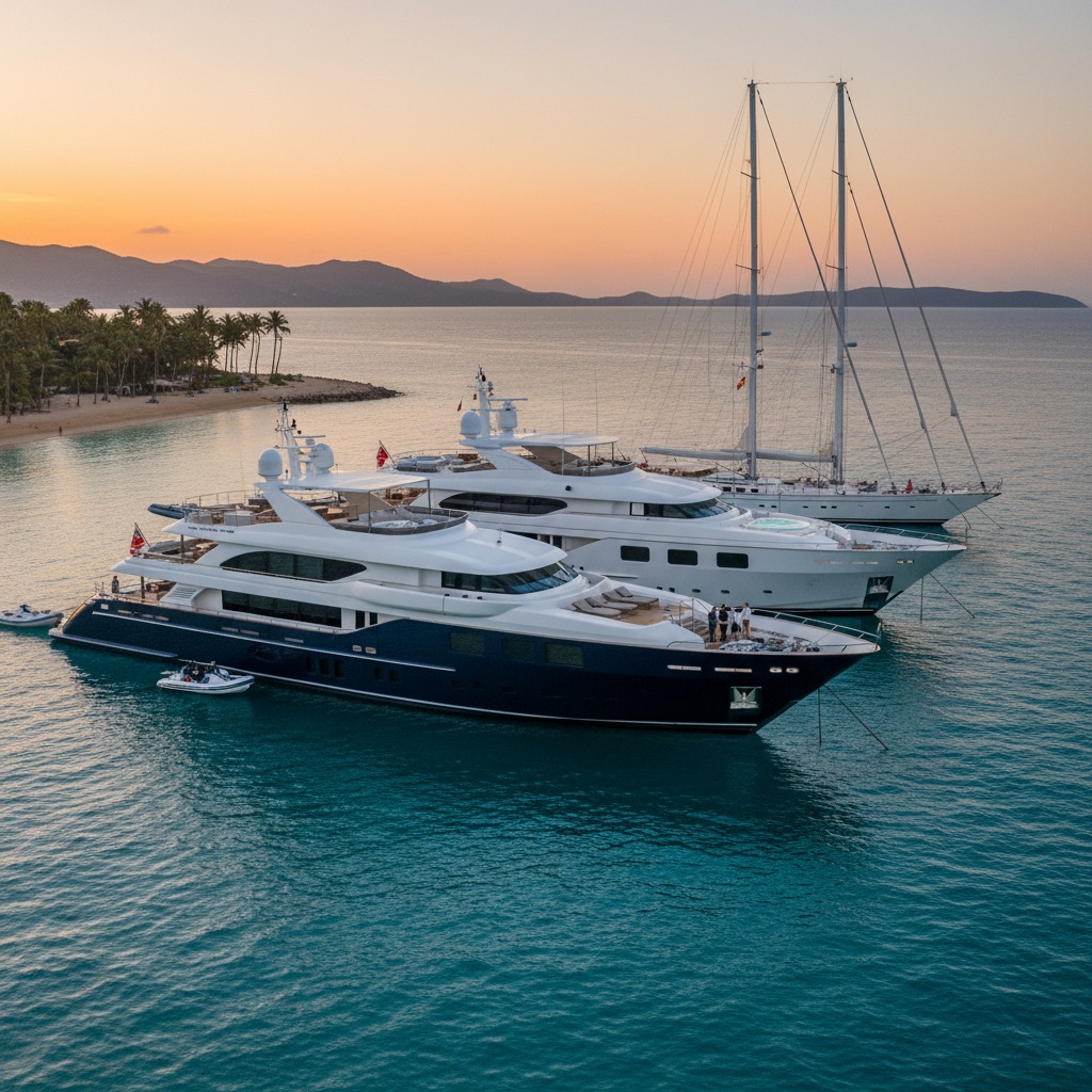 Three luxury yachts are anchored in clear turquoise water near a tropical coastline during a warm sunset.