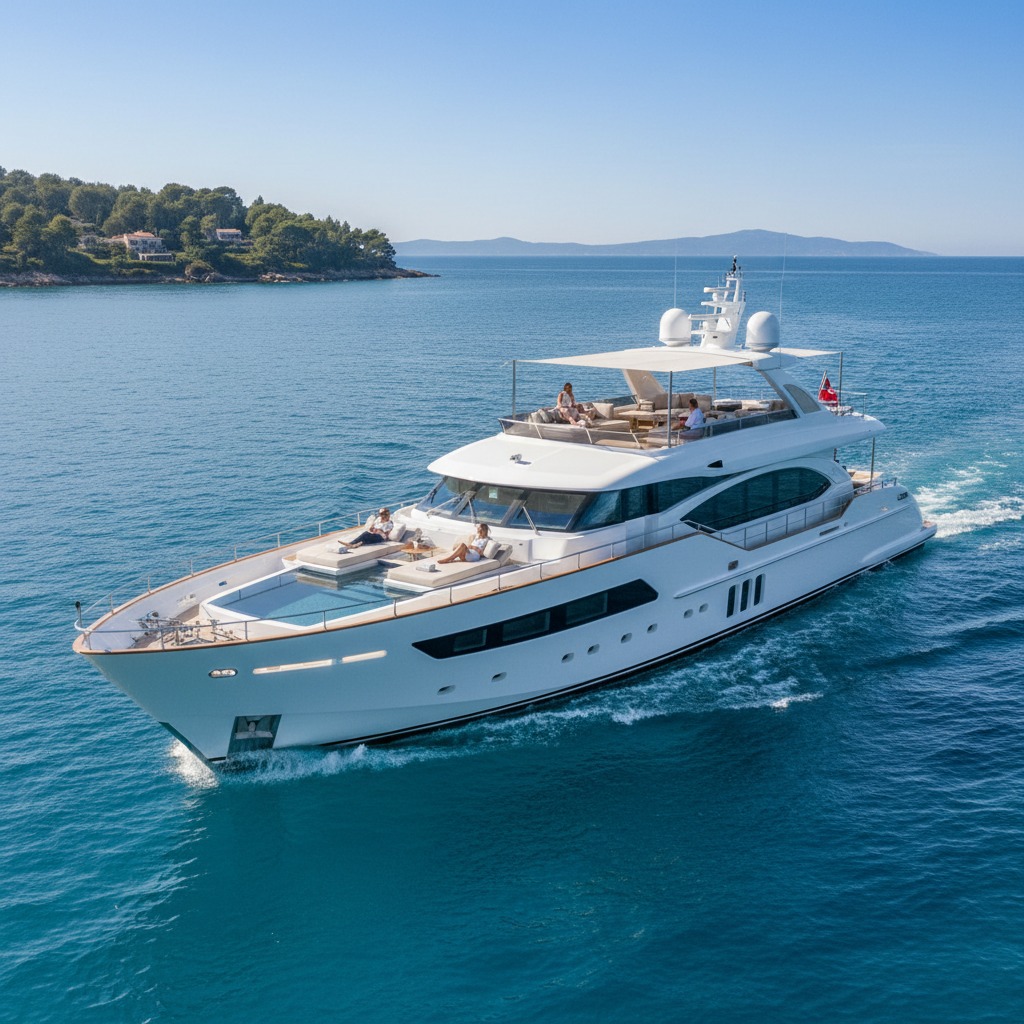 A large white luxury yacht navigates calm blue coastal waters with people relaxing on its decks.